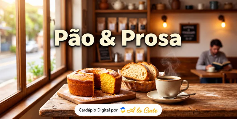 Imagem de compartilhamento da Pão & Prosa: bolo de fubá, pão e café numa mesa de madeira, com o selo Cardápio Digital por À la Carte