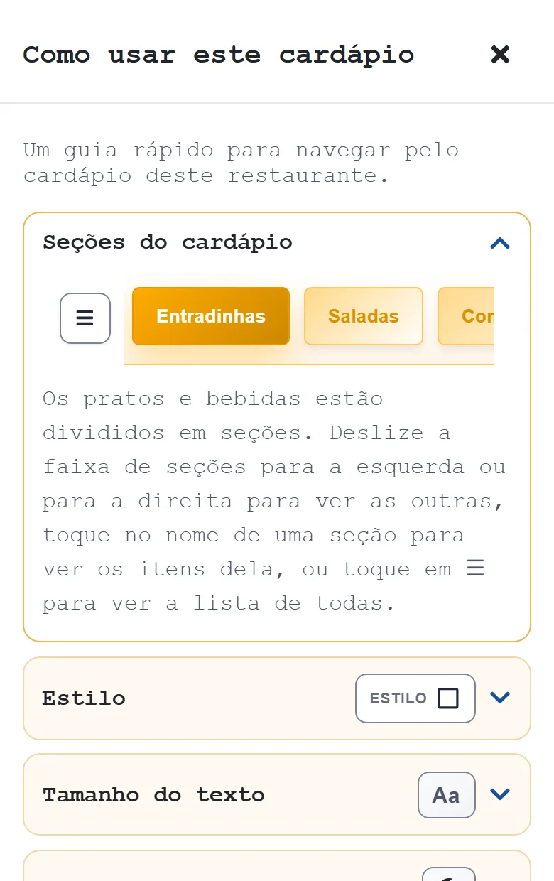 Ajuda aberta sobre o cardápio: um cartão por assunto, cada um com o botão que o cardápio mostra