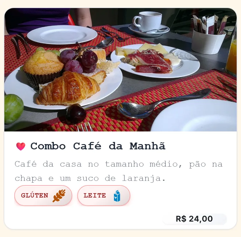 Cartão de um item com foto, nome, descrição, preço e as etiquetas Glúten e Leite