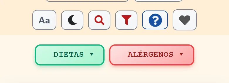 Filtros abertos abaixo dos botões do topo: botões Dietas e Alérgenos