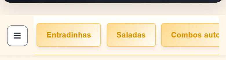 Faixa de seções do cardápio: botão de lista e os nomes das seções