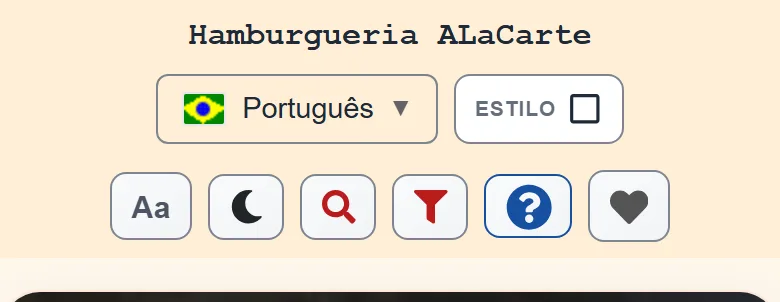 Topo do cardápio no celular: seletor de idioma, botão Estilo e os botões Aa, modo escuro, busca, filtros, ajuda e favoritos