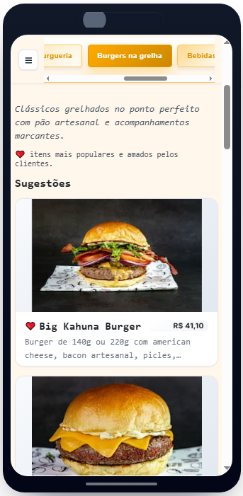 Sugestões do Chef com fotografias e marcadores de favoritos no celular
