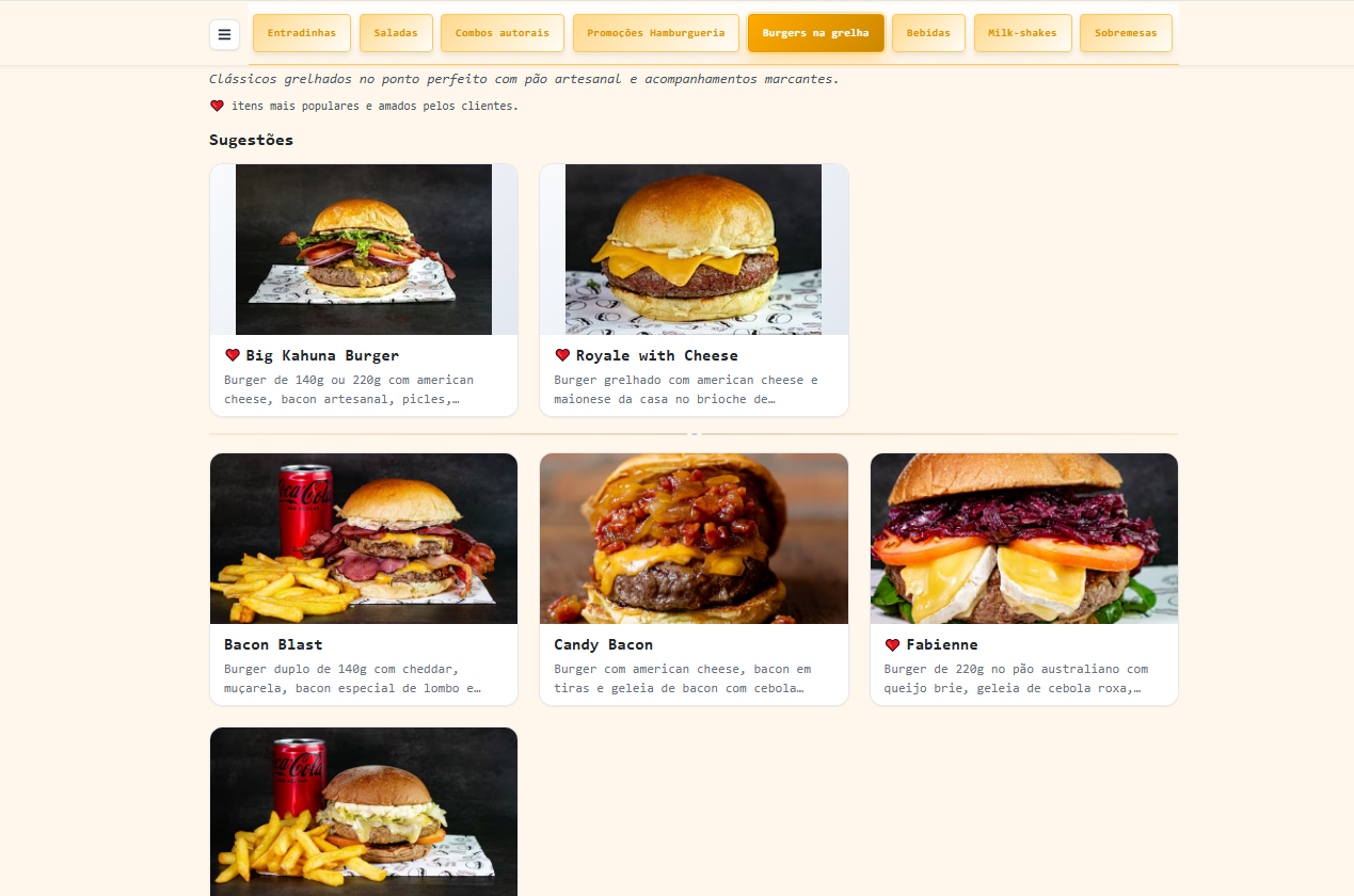 Galeria visual de produtos do restaurante exibida no celular