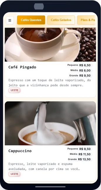Cardápio Grátis no celular com foto de cada café e preços em pequeno, médio e grande