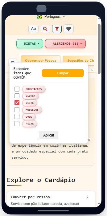 Filtro de alergênicos aberto no cardápio digital pelo celular