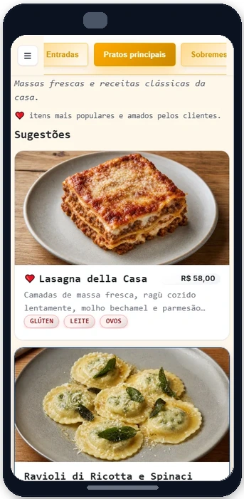 Cardápio Essencial na apresentação Cartão A, com uma foto grande e um prato por linha no celular