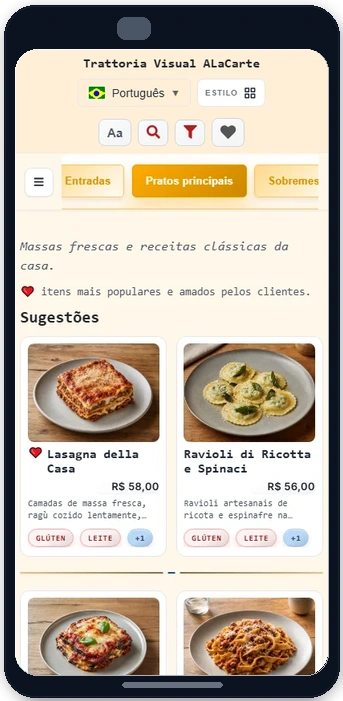 Cardápio Essencial na apresentação Cartão B, com duas colunas de pratos com fotos no celular