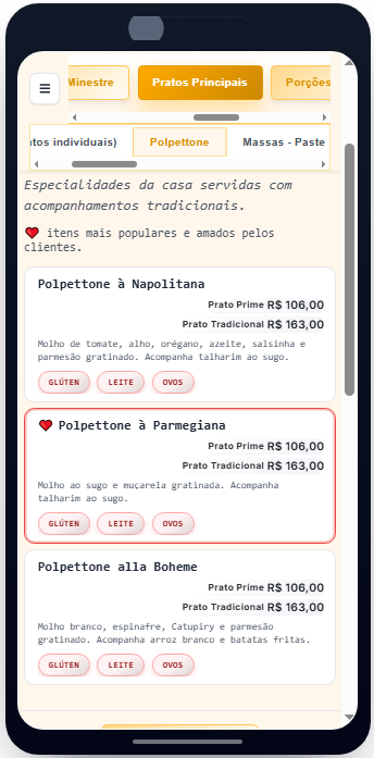 Item do cardápio com mais de uma opção de preço e tamanho