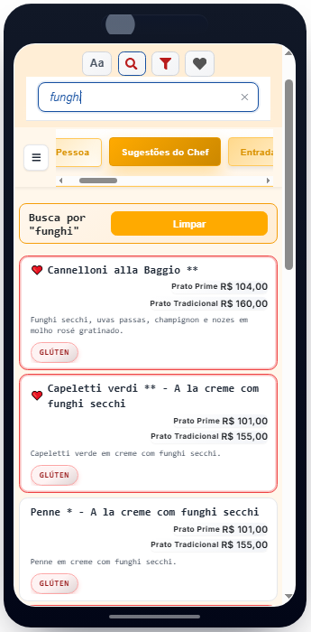Busca por um ingrediente mostrando resultados e controles no celular