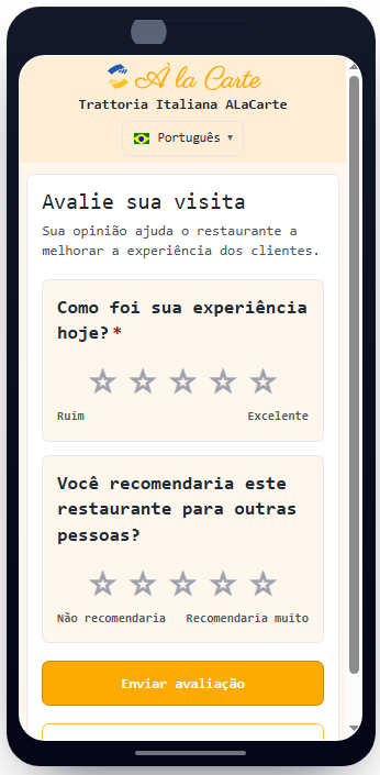 Questionário da Experiência À la Carte no celular, com perguntas de avaliação por estrelas