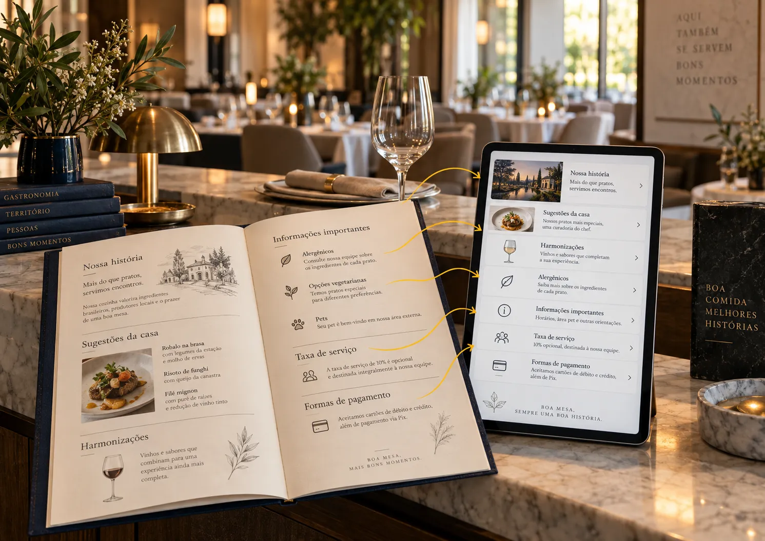 Cardápio de restaurante comunicando história, alergênicos, sugestões e informações de serviço
