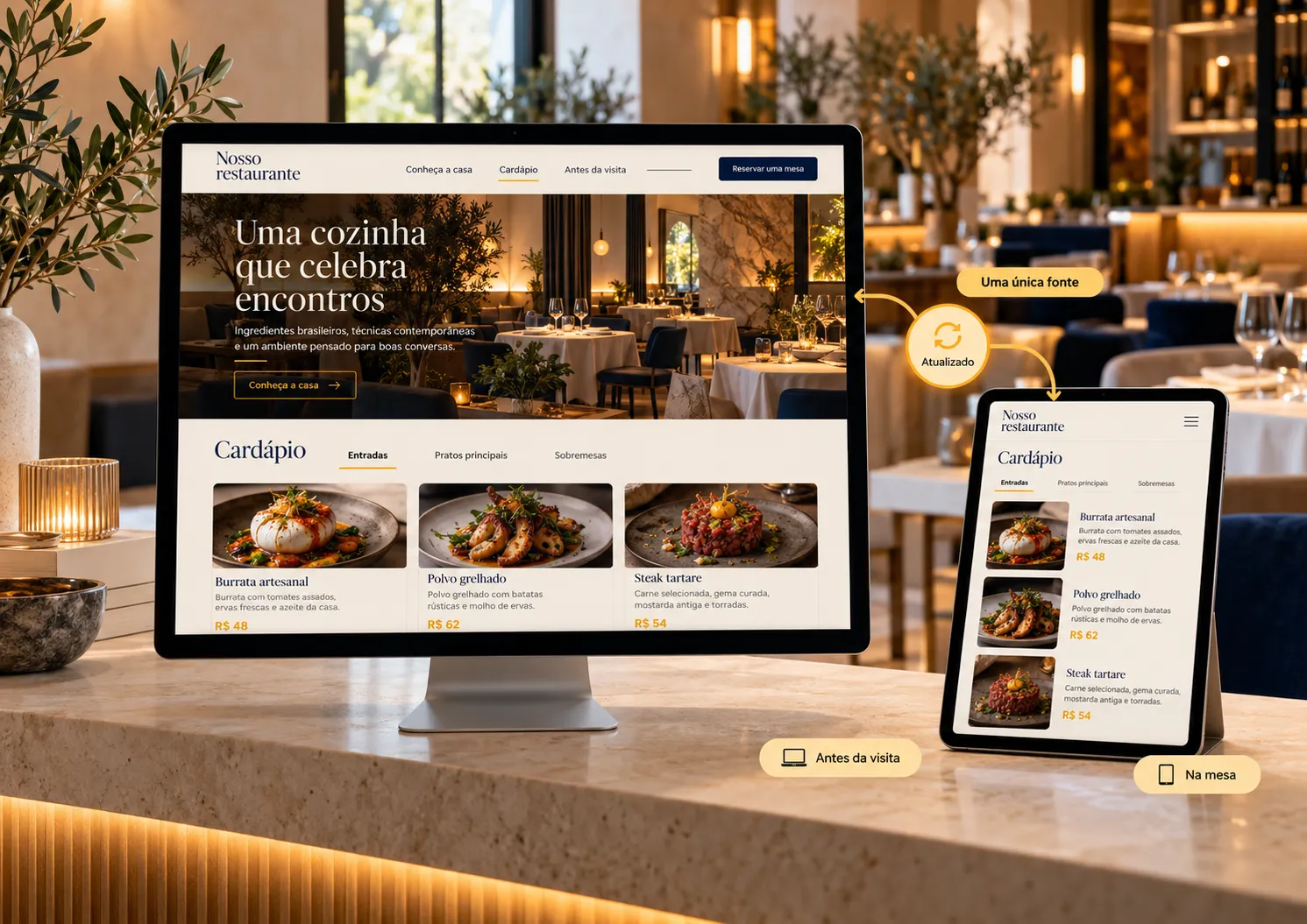 Cardápio digital do restaurante integrado ao site em telas de computador e tablet