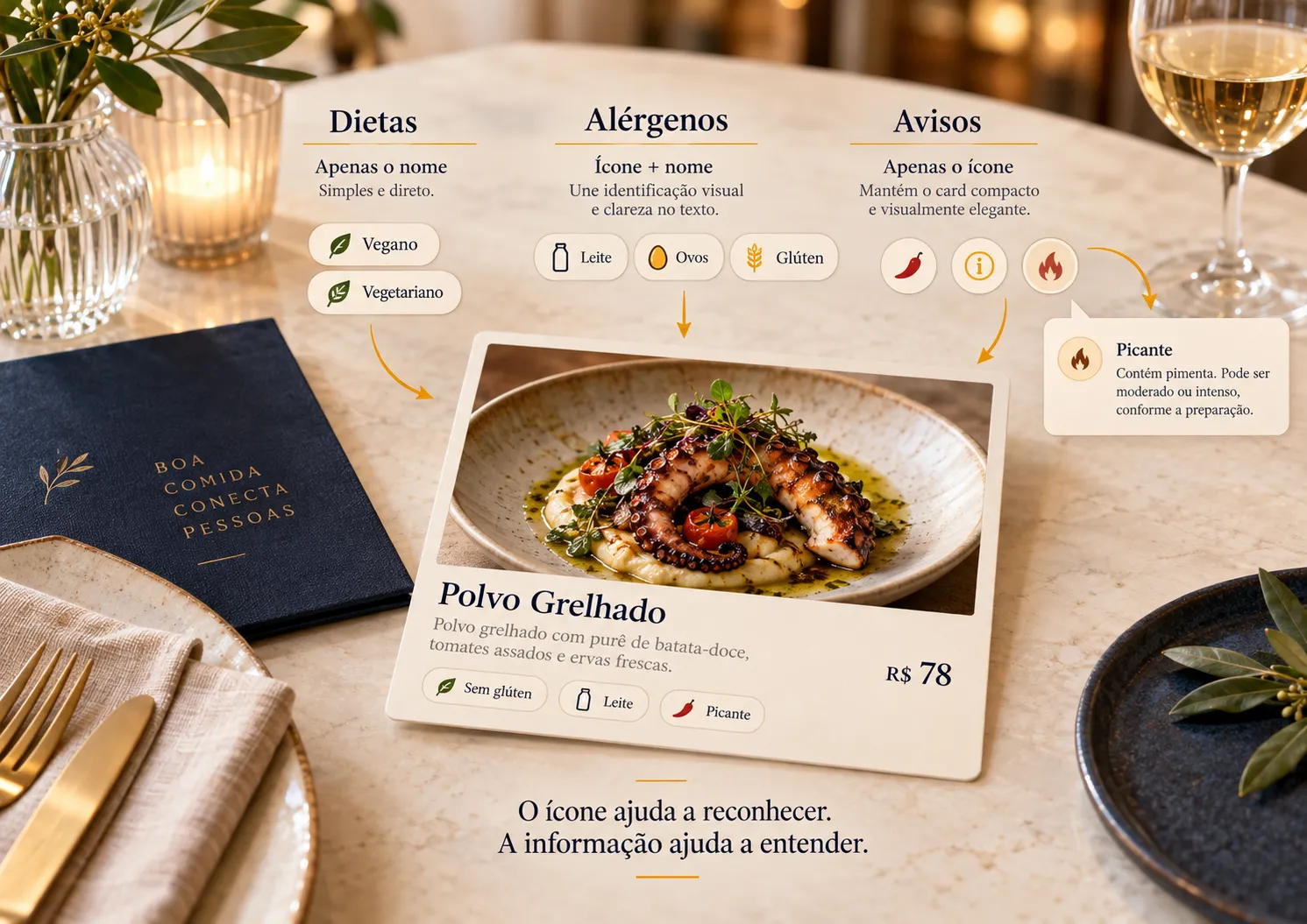 Etiquetas de dietas, alérgenos e avisos organizadas junto a um prato em um cardápio digital