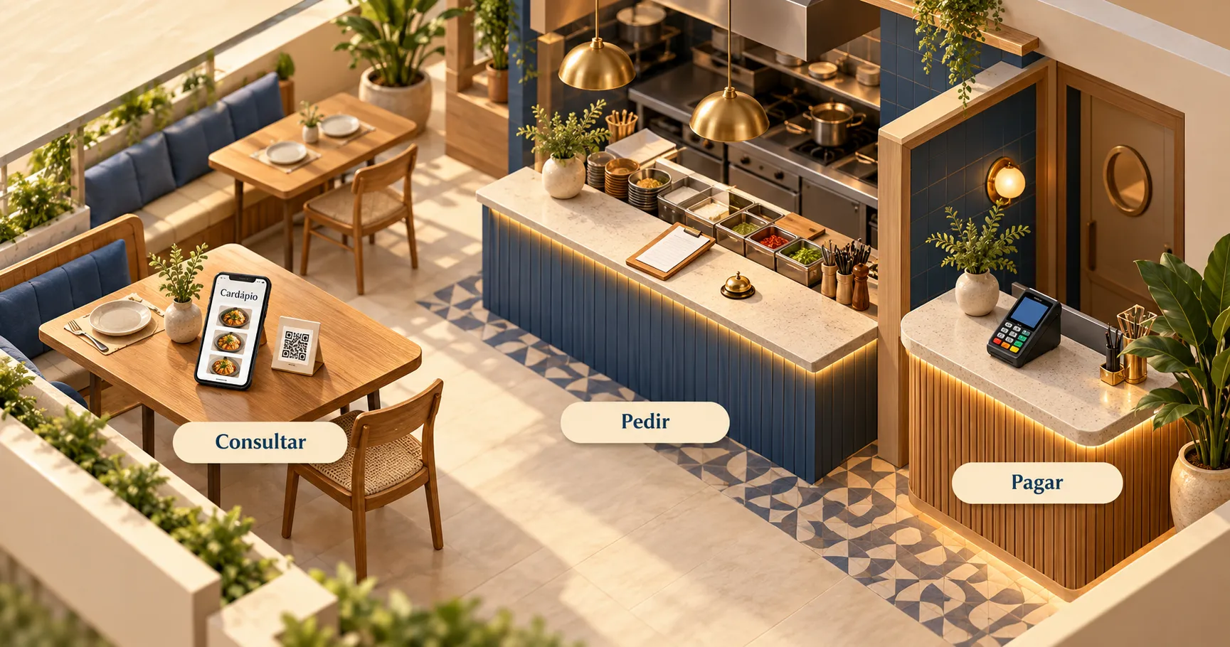 Ilustração de um restaurante com áreas distintas para consultar o cardápio, registrar pedidos e pagar a conta.