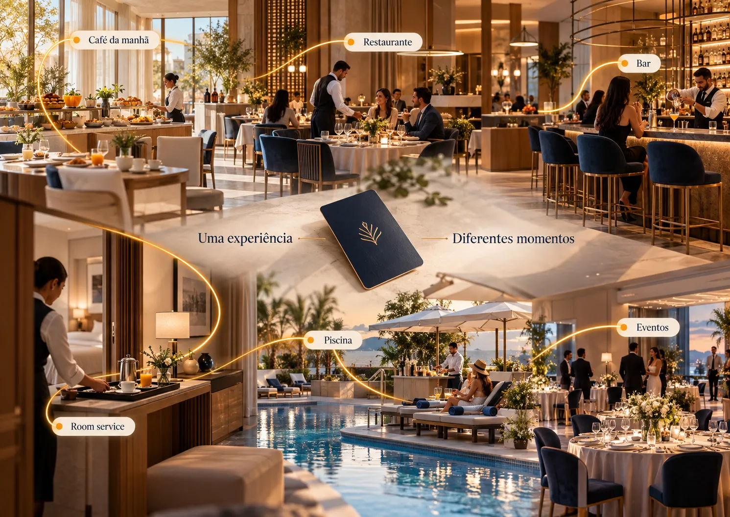 Diferentes momentos de alimentação de um hotel conectados por uma experiência de cardápio consistente