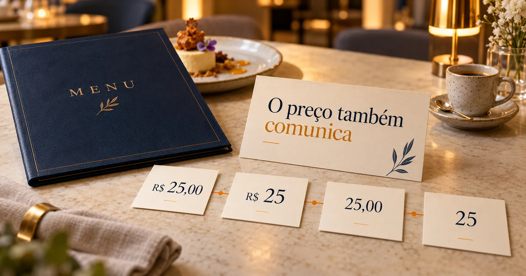 Quatro formatos de apresentação do mesmo preço em um cardápio de restaurante: com ou sem R$ e centavos.