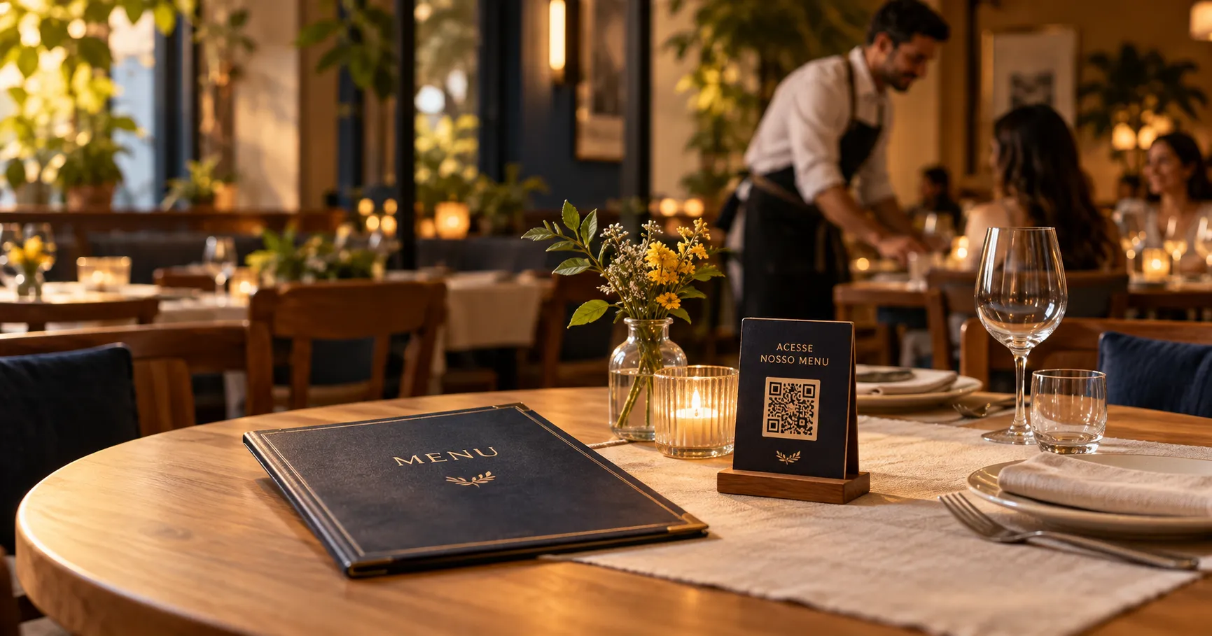 Cardápio impresso e QR Code disponíveis em uma mesa de restaurante com atendimento presencial.