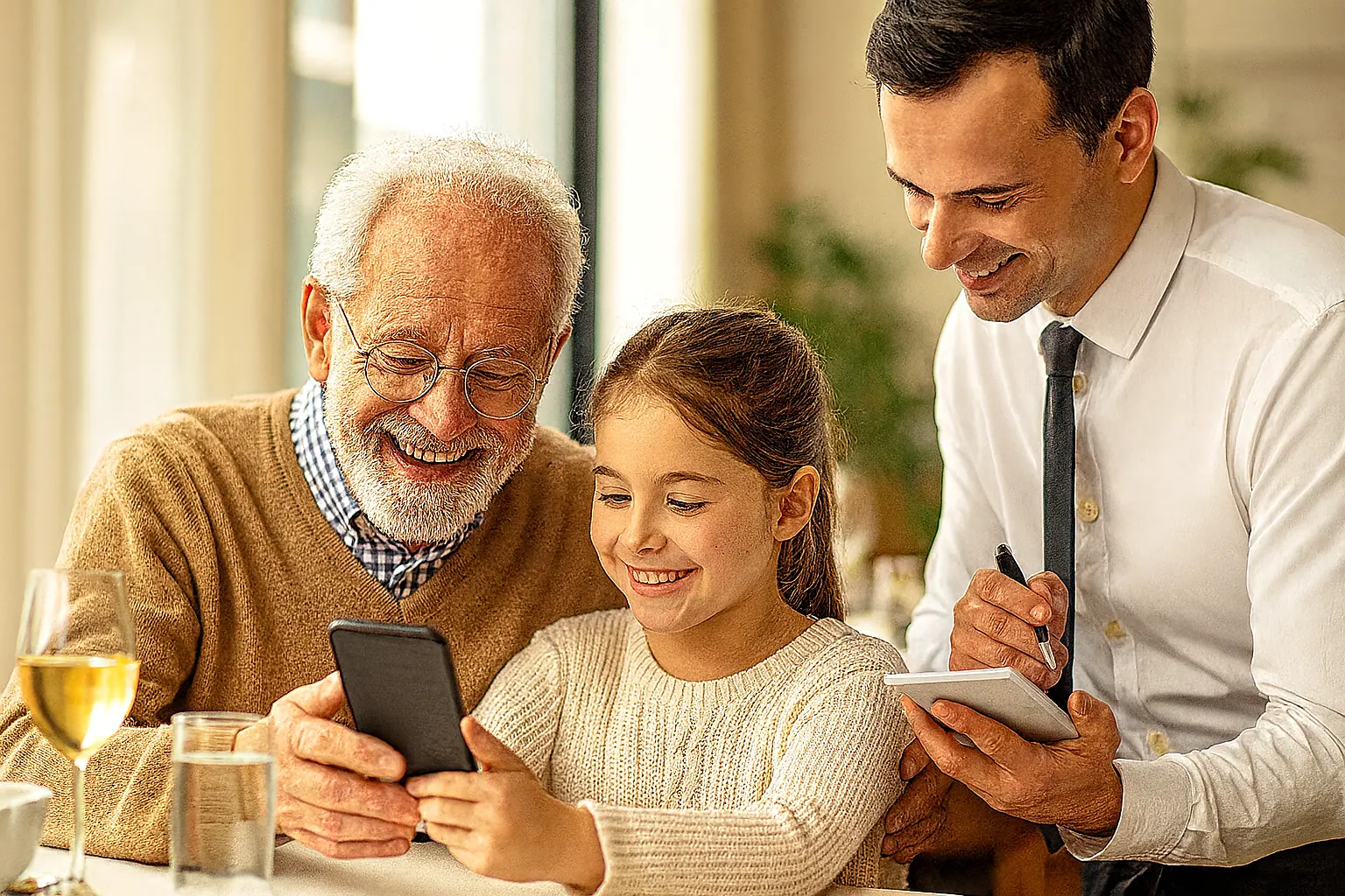 Garçom sorri ao atender avô e neta que consultam o cardápio no celular