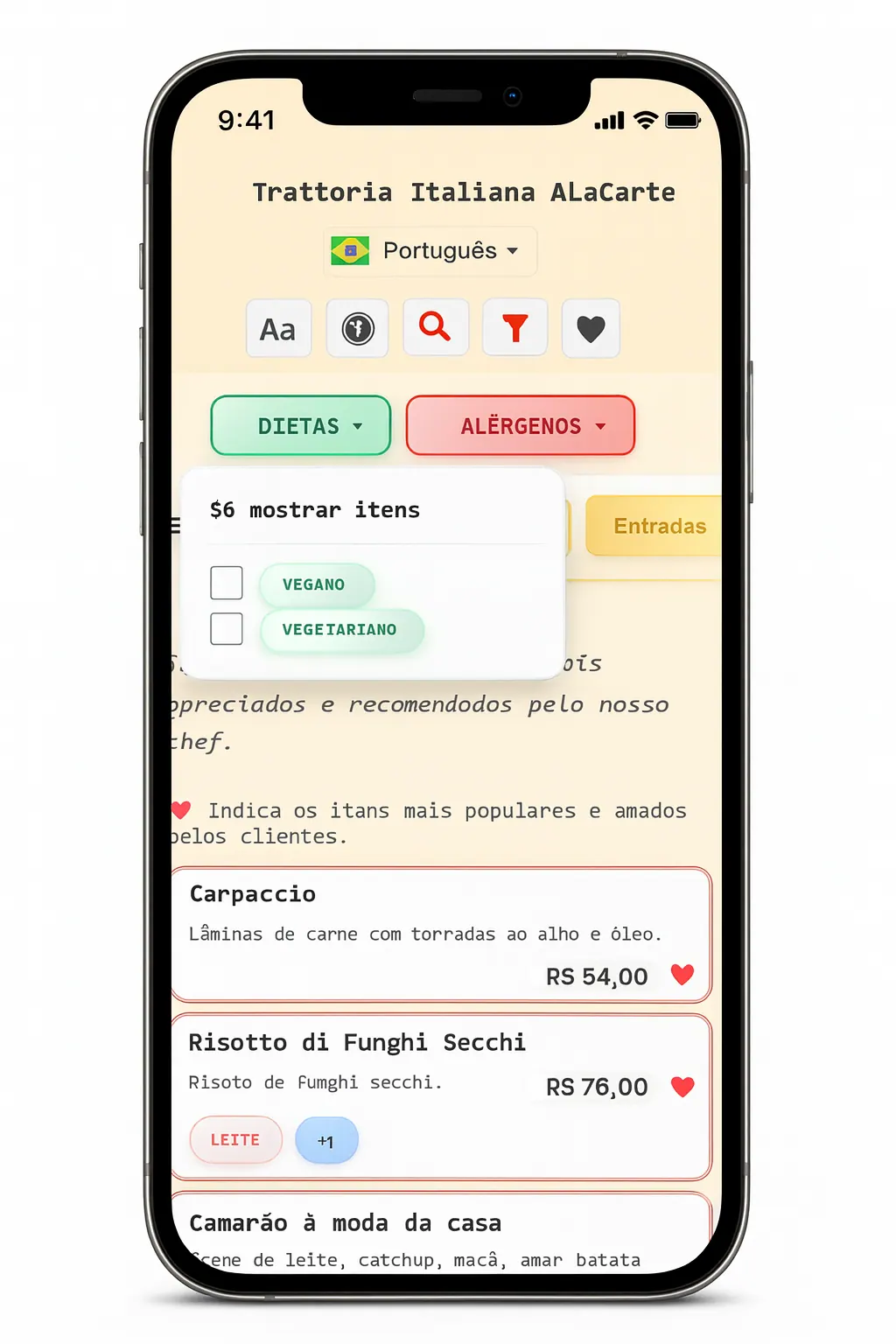 Exemplo de detalhes de um item no cardápio digital