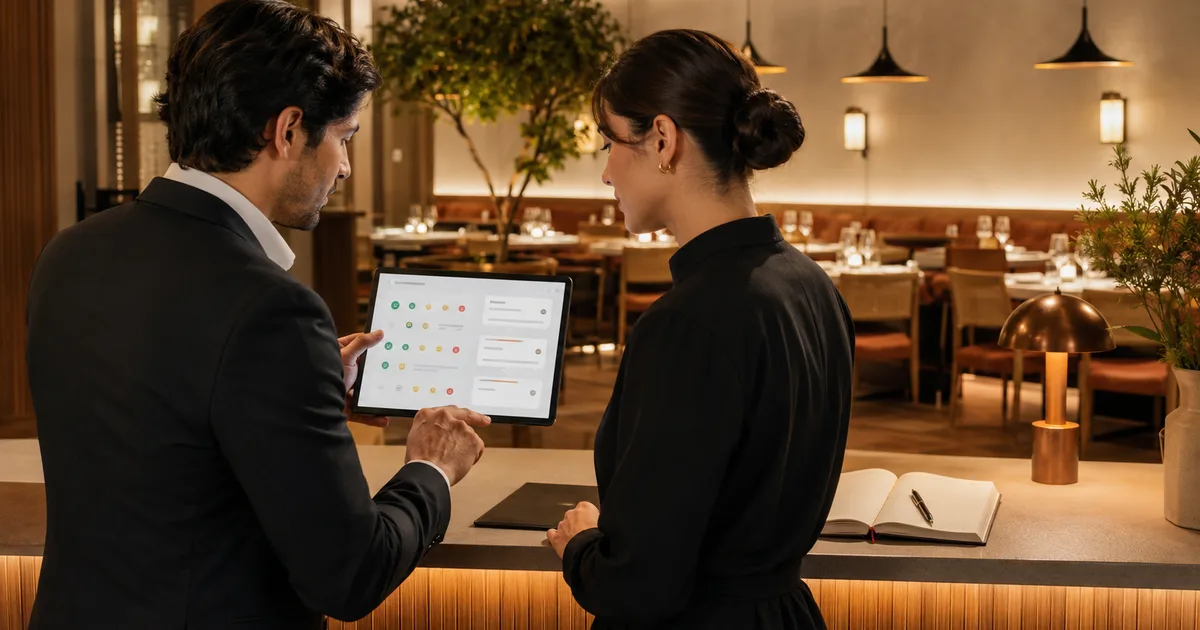 Gestores analisando opiniões de clientes em um restaurante