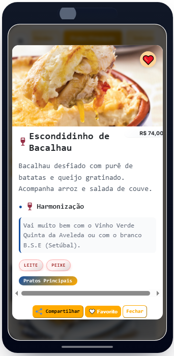 Detalhe de prato com narrativa, ingredientes, harmonização e informações alimentares