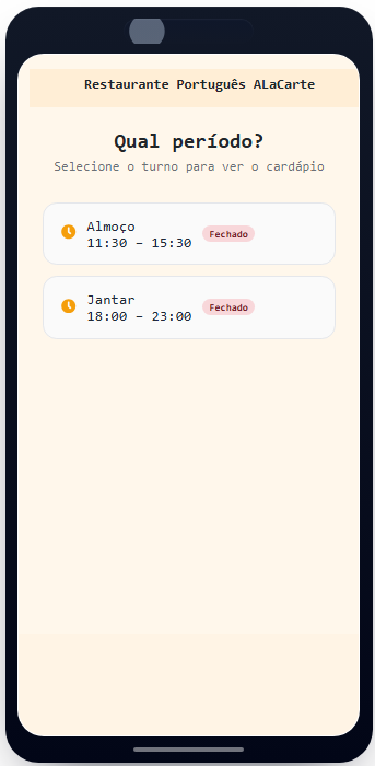 Seleção de almoço ou jantar antes de acessar o cardápio