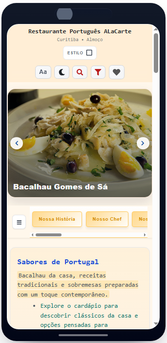 Cardápio Degustação do restaurante Português, com prato em destaque e navegação editorial