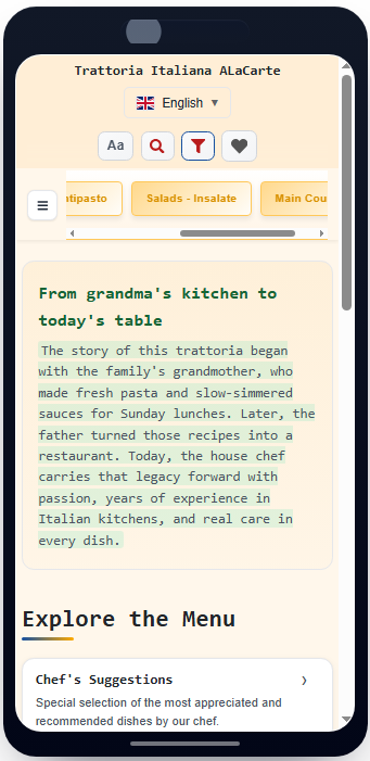 Cardápio da Trattoria em inglês com conteúdo, categorias e controles traduzidos